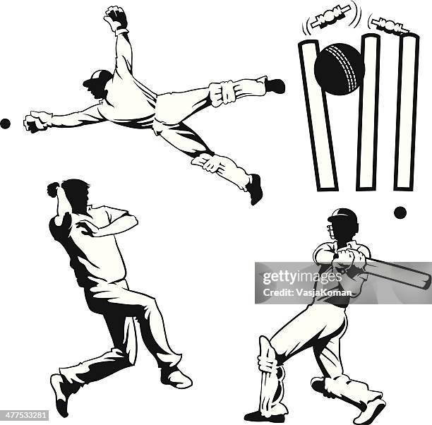 bildbanksillustrationer, clip art samt tecknat material och ikoner med four drawings of cricket players - cricketer