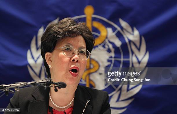 Margaret Chan, Director-General of the World Health Organization speaks during a press conference at the Coex on June 18, 2015 in Seoul, South Korea....