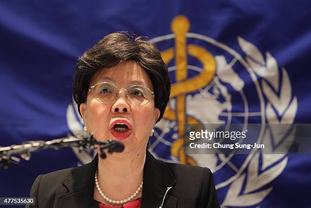 Margaret Chan, Director-General of the World Health Organization speaks during a press conference at the Coex on June 18, 2015 in Seoul, South Korea....
