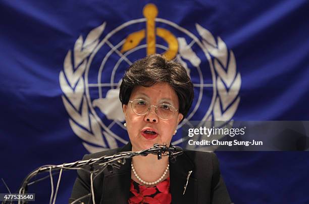 Margaret Chan, Director-General of the World Health Organization speaks during a press conference at the Coex on June 18, 2015 in Seoul, South Korea....