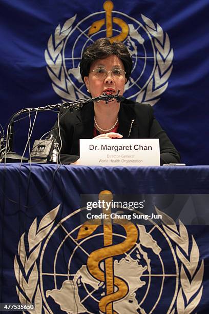 Margaret Chan, Director-General of the World Health Organization speaks during a press conference at the Coex on June 18, 2015 in Seoul, South Korea....