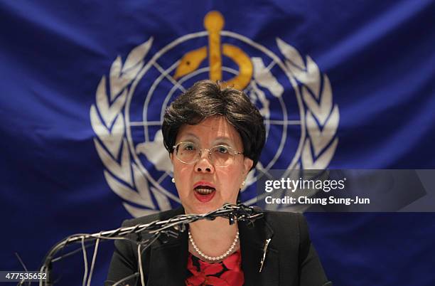 Margaret Chan, Director-General of the World Health Organization speaks during a press conference at the Coex on June 18, 2015 in Seoul, South Korea....