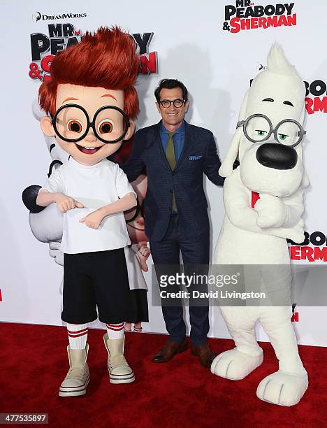 Actor Ty Burrell poses with Sherman and Mr. Peabody at the premiere of Twentieth Century Fox and DreamWorks Animation's "Mr. Peabody & Sherman" at...