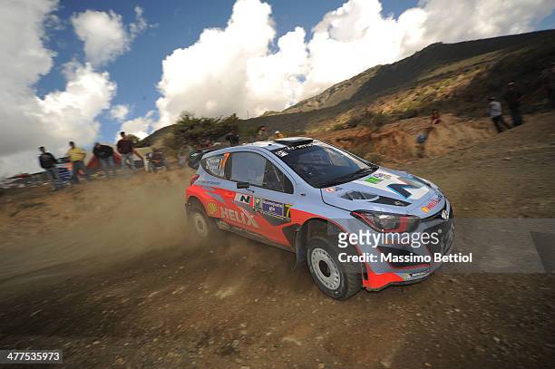 Thierry Neuville of Belgium and Nicolas Gilsoul of Belgium compete in their Hyundai Motorsport Hyundai i20 WRC during Day Three of the WRC Mexico on...