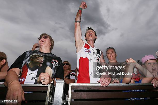 Saints fan shows his support during a St Kilda Saints AFL Fan Day at Frankston Foreshore on March 10, 2014 in Melbourne, Australia.
