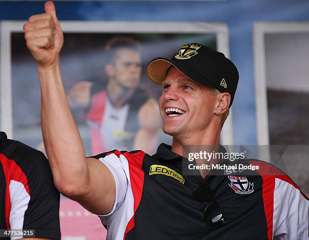 Nick Riewoldt reacts during a St Kilda Saints AFL Fan Day at Frankston Foreshore on March 10, 2014 in Melbourne, Australia.