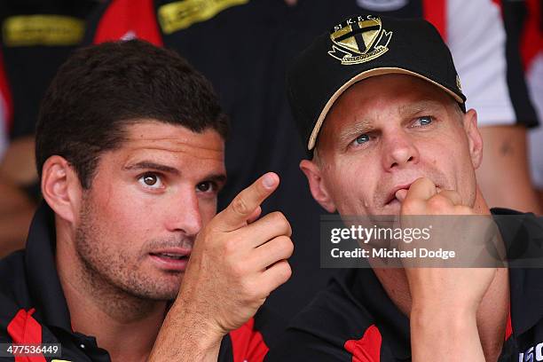 Leigh Montagna and Nick Riewoldt look ahead during a St Kilda Saints AFL Fan Day at Frankston Foreshore on March 10, 2014 in Melbourne, Australia.