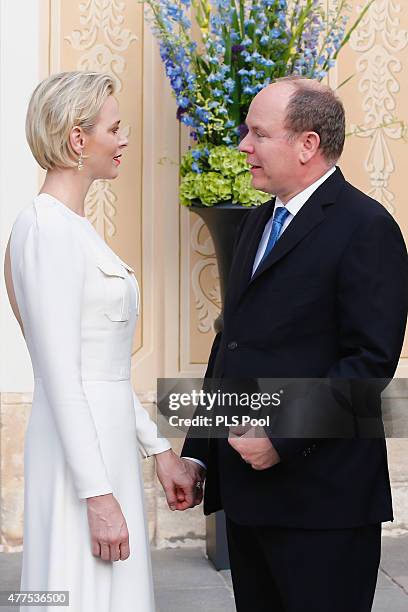 Prince Albert II of Monaco and Princess Charlene of Monaco attend the Monaco Palace cocktail party of the 55th Monte Carlo TV festival on June 17,...