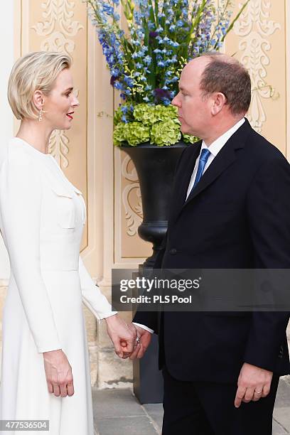 Prince Albert II of Monaco and Princess Charlene of Monaco attend the Monaco Palace cocktail party of the 55th Monte Carlo TV festival on June 17,...