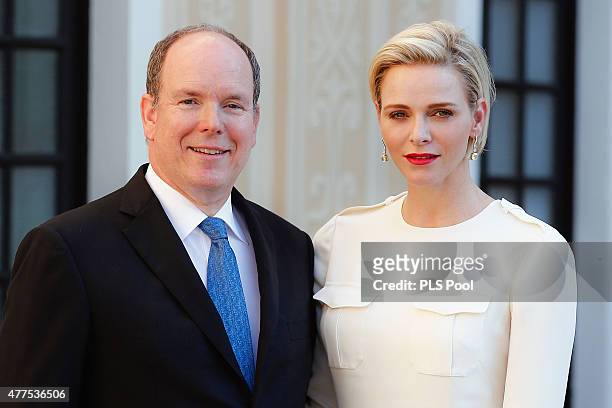 Prince Albert II of Monaco and Princess Charlene of Monaco attend the Monaco Palace cocktail party of the 55th Monte Carlo TV festival on June 17,...