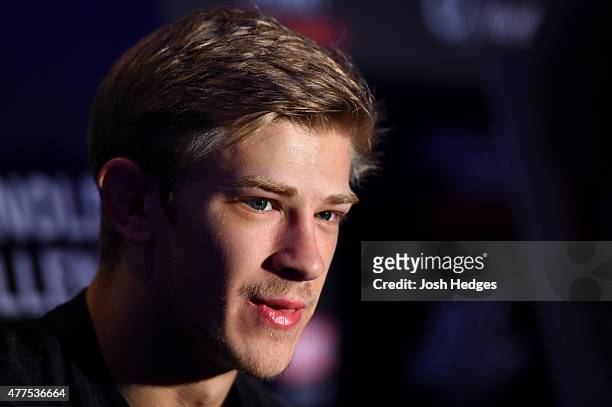 Arnold Allen of England interacts with media during the UFC Berlin Ultimate Media Day at the O2 World on June 18, 2015 in Berlin, Germany.