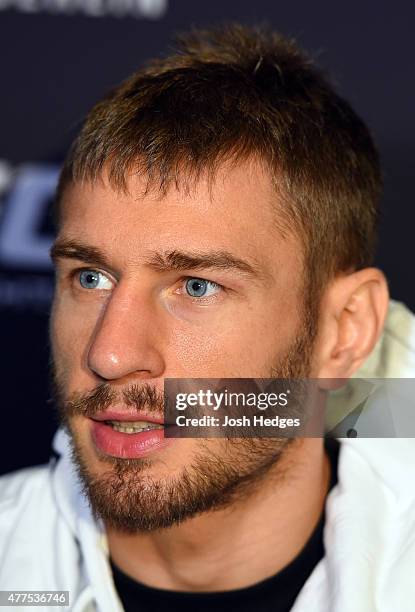 Piotr Hallmann of Poland interacts with media during the UFC Berlin Ultimate Media Day at the O2 World on June 18, 2015 in Berlin, Germany.