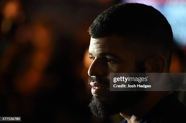 Antonio dos Santos of Brazil interacts with media during the UFC Berlin Ultimate Media Day at the O2 World on June 18, 2015 in Berlin, Germany.