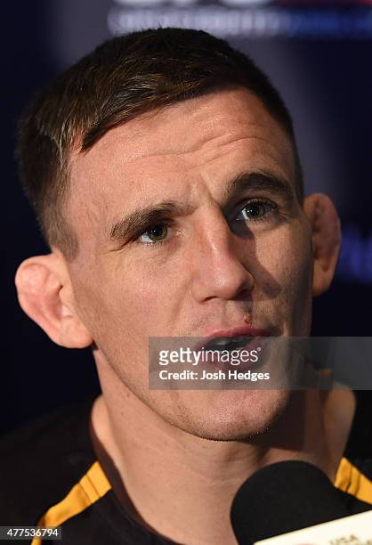 Scott Askham of England interacts with media during the UFC Berlin Ultimate Media Day at the O2 World on June 18, 2015 in Berlin, Germany.
