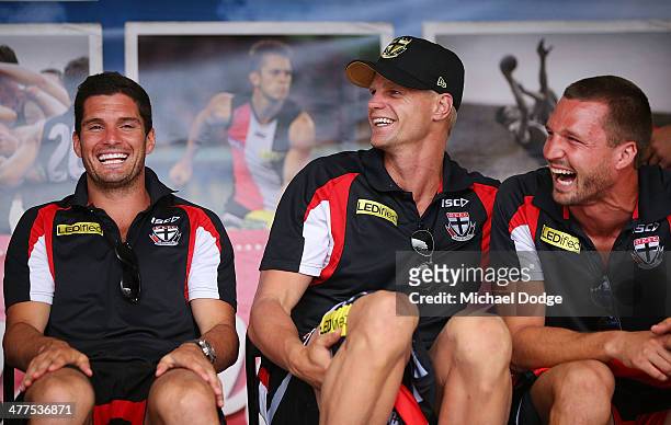 Leigh Montagna Nick Riewoldt and Jarryn Geary react during a St Kilda Saints AFL Fan Day at Frankston Foreshore on March 10, 2014 in Melbourne,...