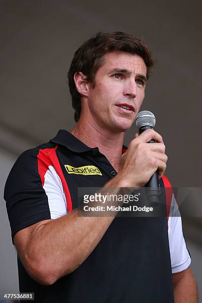 Lenny Hayes speaks on stage during a St Kilda Saints AFL Fan Day at Frankston Foreshore on March 10, 2014 in Melbourne, Australia.