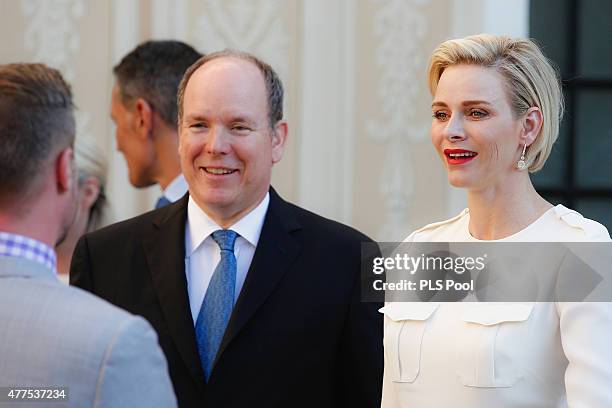 Prince Albert II of Monaco and Princess Charlene of Monaco attend the Monaco Palace cocktail party of the 55th Monte Carlo TV festival on June 17,...