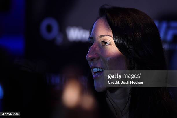 Jessica Penne of the United States interacts with media during the UFC Berlin Ultimate Media Day at the O2 World on June 18, 2015 in Berlin, Germany.