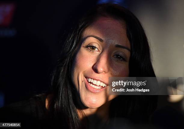 Jessica Penne of the United States interacts with media during the UFC Berlin Ultimate Media Day at the O2 World on June 18, 2015 in Berlin, Germany.