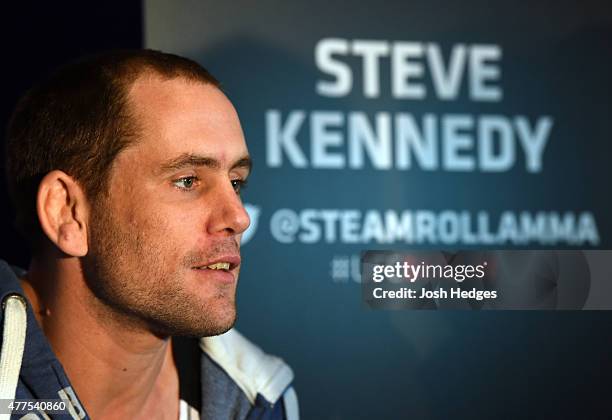 Steve Kennedy interacts with media during the UFC Berlin Ultimate Media Day at the O2 World on June 18, 2015 in Berlin, Germany.