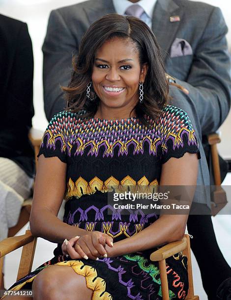First Lady Michelle Obama during question time with 60 American college students at the United States Pavilion at the Milan Expo 2015 on June 18,...