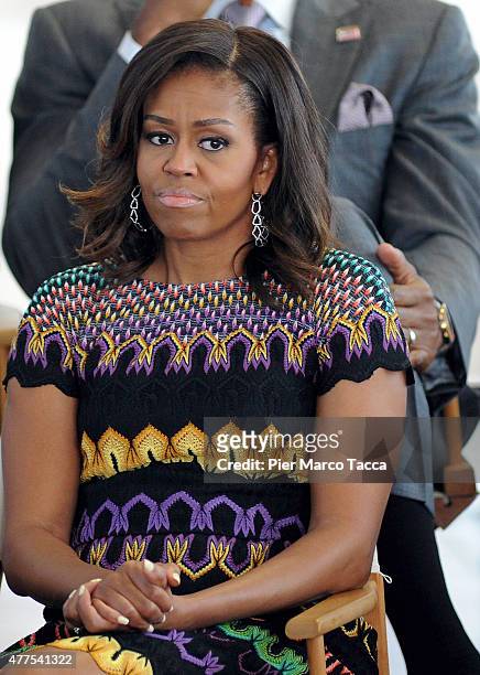 First Lady Michelle Obama during question time with 60 American college students at the United States Pavilion at the Milan Expo 2015 on June 18,...