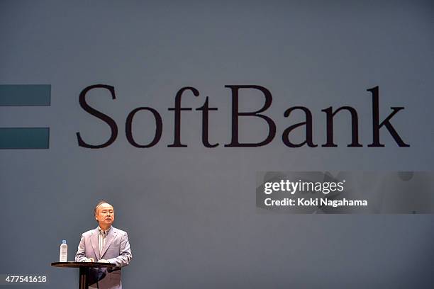 Masayoshi Son, chairman and chief executive officer of SoftBank Corp speaks during the news conference on June 18, 2015 in Chiba, Japan. Softbank...