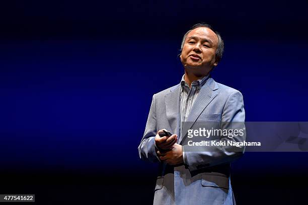 Masayoshi Son, chairman and chief executive officer of SoftBank Corp speaks during the news conference on June 18, 2015 in Chiba, Japan. Softbank...