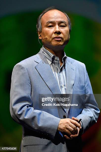 Masayoshi Son, chairman and chief executive officer of SoftBank Corp speaks during the news conference on June 18, 2015 in Chiba, Japan. Softbank...