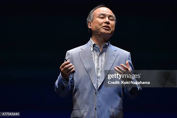 Masayoshi Son, chairman and chief executive officer of SoftBank Corp speaks during the news conference on June 18, 2015 in Chiba, Japan. Softbank...