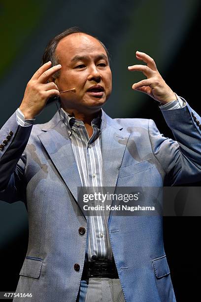 Masayoshi Son, chairman and chief executive officer of SoftBank Corp speaks during the news conference on June 18, 2015 in Chiba, Japan. Softbank...