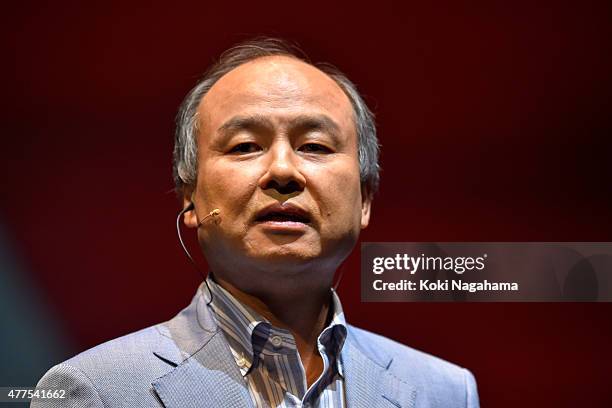 Masayoshi Son, chairman and chief executive officer of SoftBank Corp speaks during the news conference on June 18, 2015 in Chiba, Japan. Softbank...