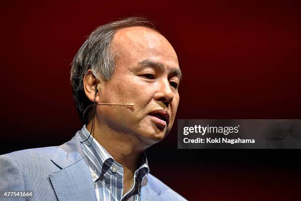 Masayoshi Son, chairman and chief executive officer of SoftBank Corp speaks during the news conference on June 18, 2015 in Chiba, Japan. Softbank...