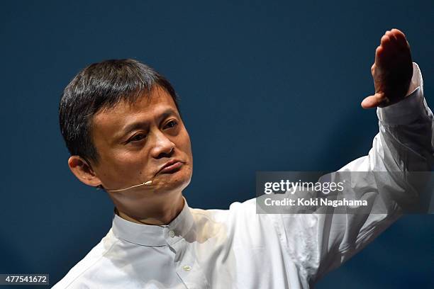 Jack Ma,CEO of the Alibaba Group speaks during the news conference on June 18, 2015 in Chiba, Japan. Softbank Corp. Announced that its humanoid...