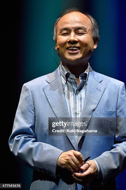 Masayoshi Son, chairman and chief executive officer of SoftBank Corp speaks during the news conference on June 18, 2015 in Chiba, Japan. Softbank...