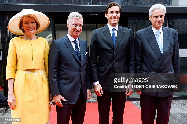Queen Mathilde of Belgium, King Philippe of Belgium and Prince Jean-Christophe Napoleon Bonaparte pose upon arrival to Memorial 1815 during a...