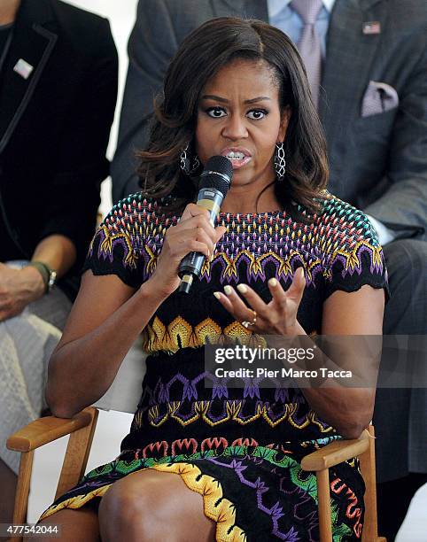 First Lady Michelle Obama attends a question time with 60 American college students at United States Pavilion at the Milan Expo 2015 on June 18, 2015...