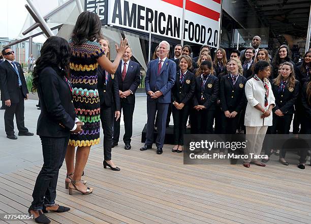 First Lady Michelle Obama arrives at the United States Pavilion at the Milan Expo 2015 on June 18, 2015 in Milan, Italy.