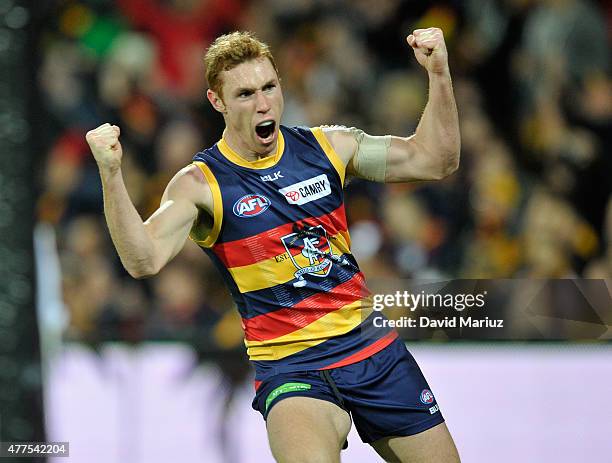 Tom Lynch of the Crows celebrates after kicking appeals goal during the round 12 AFL match between the Adelaide Crows and the Hawthorn Hawks at...