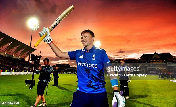 Joe Root of England celebrates winning the 4th ODI Royal London One-Day match between England and New Zealand at Trent Bridge on June 17, 2015 in...
