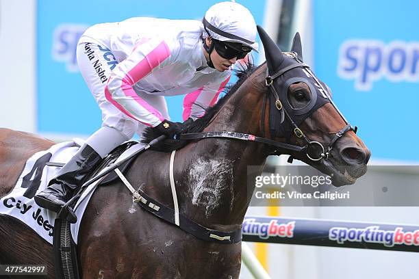 Kayla Nisbet riding Your Excellency wins Race 5, the City Jeep Handicap during Melbourne Racing at Moonee Valley Racecourse on March 10, 2014 in...