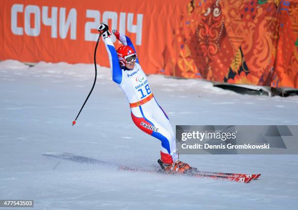 Marie Bochet of France reacts after competing in the Women's Super-G - Standing during day three of Sochi 2014 Paralympic Winter Games at Rosa Khutor...