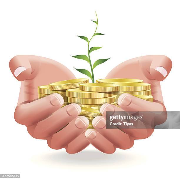 hands holding coins and plant - pile of rocks white background stock illustrations