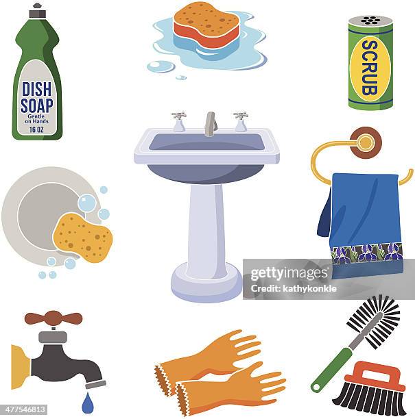 dish washing icon set in color - washing dishes stock illustrations