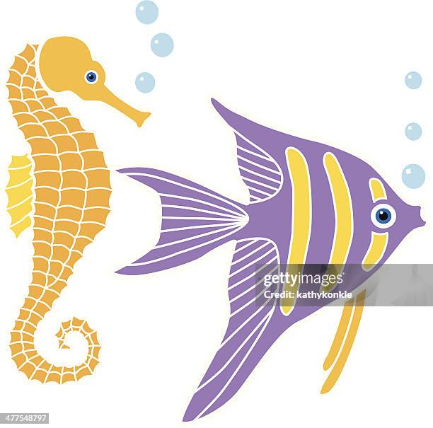 ilustraciones, imágenes clip art, dibujos animados e iconos de stock de pez ángel y seahorse en color - angelfish