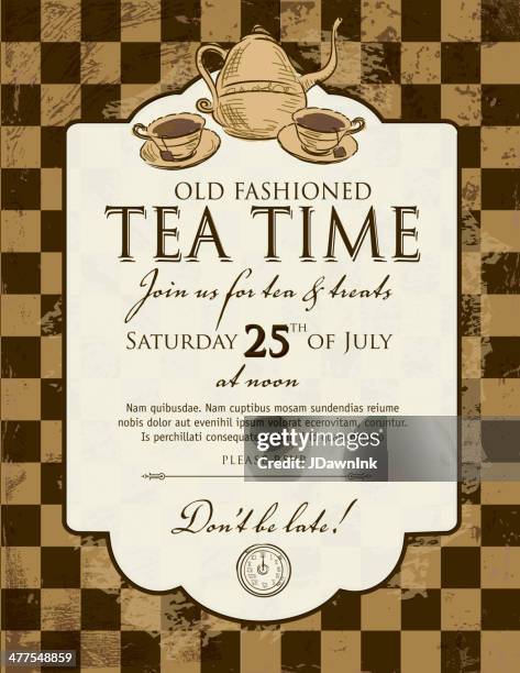 tea party checkered background invitation design template - old kettle stock illustrations