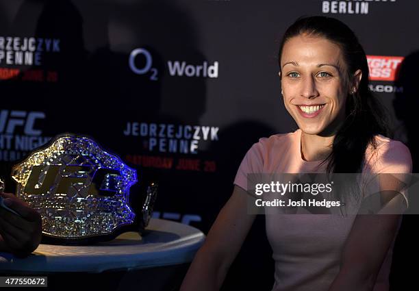 Women's strawweight champion Joanna Jedrzejczyk of Poland interacts with media during the UFC Berlin Ultimate Media Day at the O2 World on June 18,...