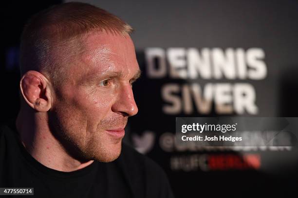 Dennis Siver of Germany interacts with media during the UFC Berlin Ultimate Media Day at the O2 World on June 18, 2015 in Berlin, Germany.