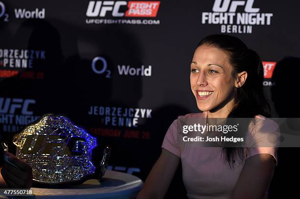 Women's strawweight champion Joanna Jedrzejczyk of Poland interacts with media during the UFC Berlin Ultimate Media Day at the O2 World on June 18,...