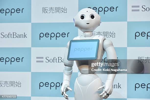 Pepper speaks and performs during the news conference on June 18, 2015 in Chiba, Japan. Softbank Corp. Announced that its humanoid product, Pepper,...